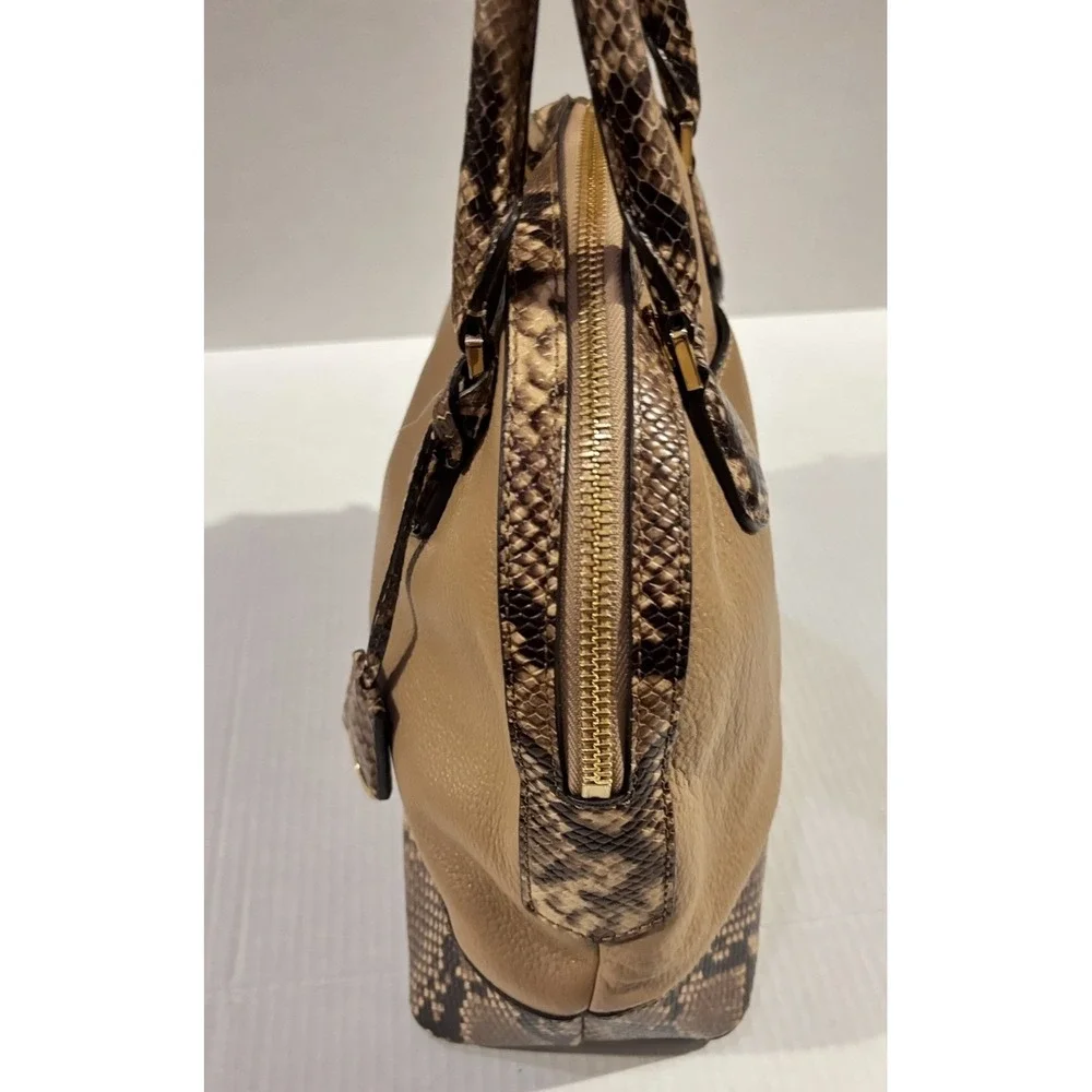 Michael Kors Tan Pebbled Leather Snakeskin Embossed Dome Satchel Handbag